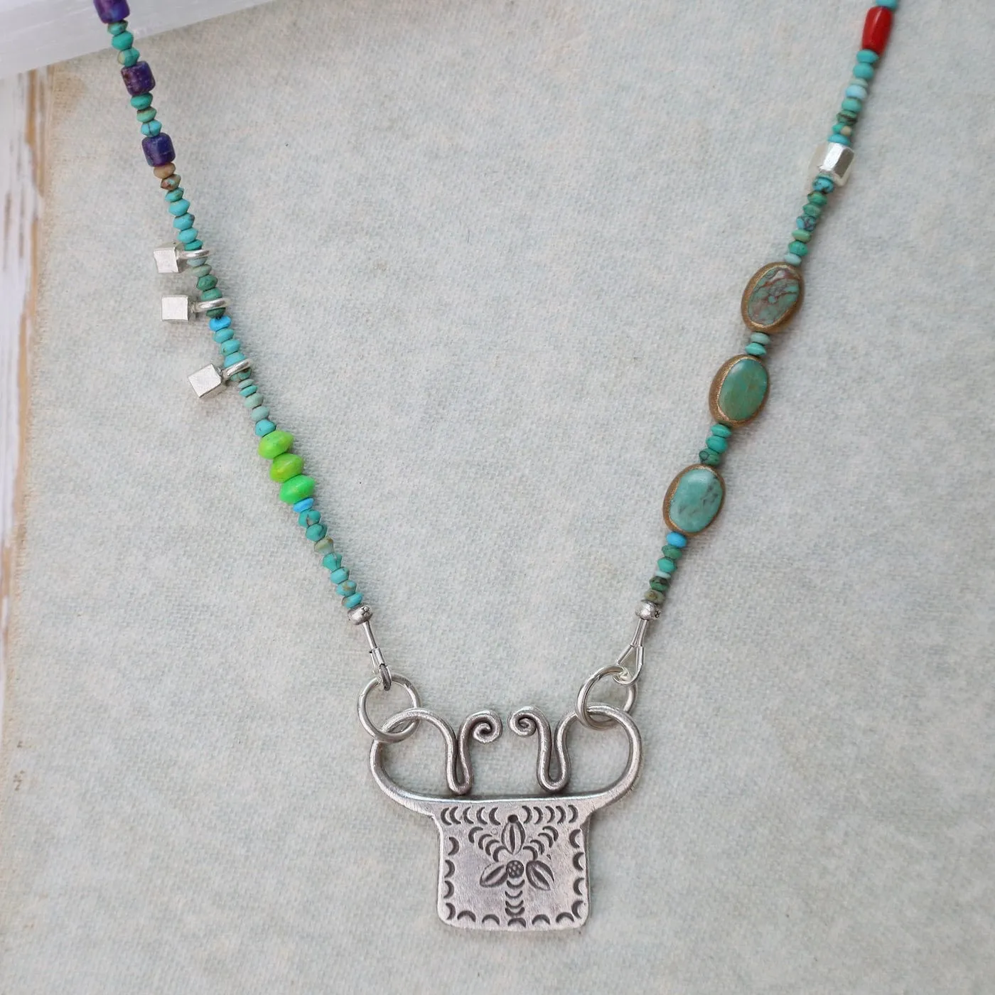 Silver Turquoise Trilogy with Windmill Spirit Lock Necklace