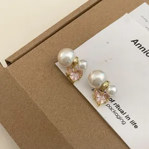 SIsslia 925 Silver Needle Light Luxury Heavy Industry Pearl Pink Zircon Love French Style Retro Earrings for Women
