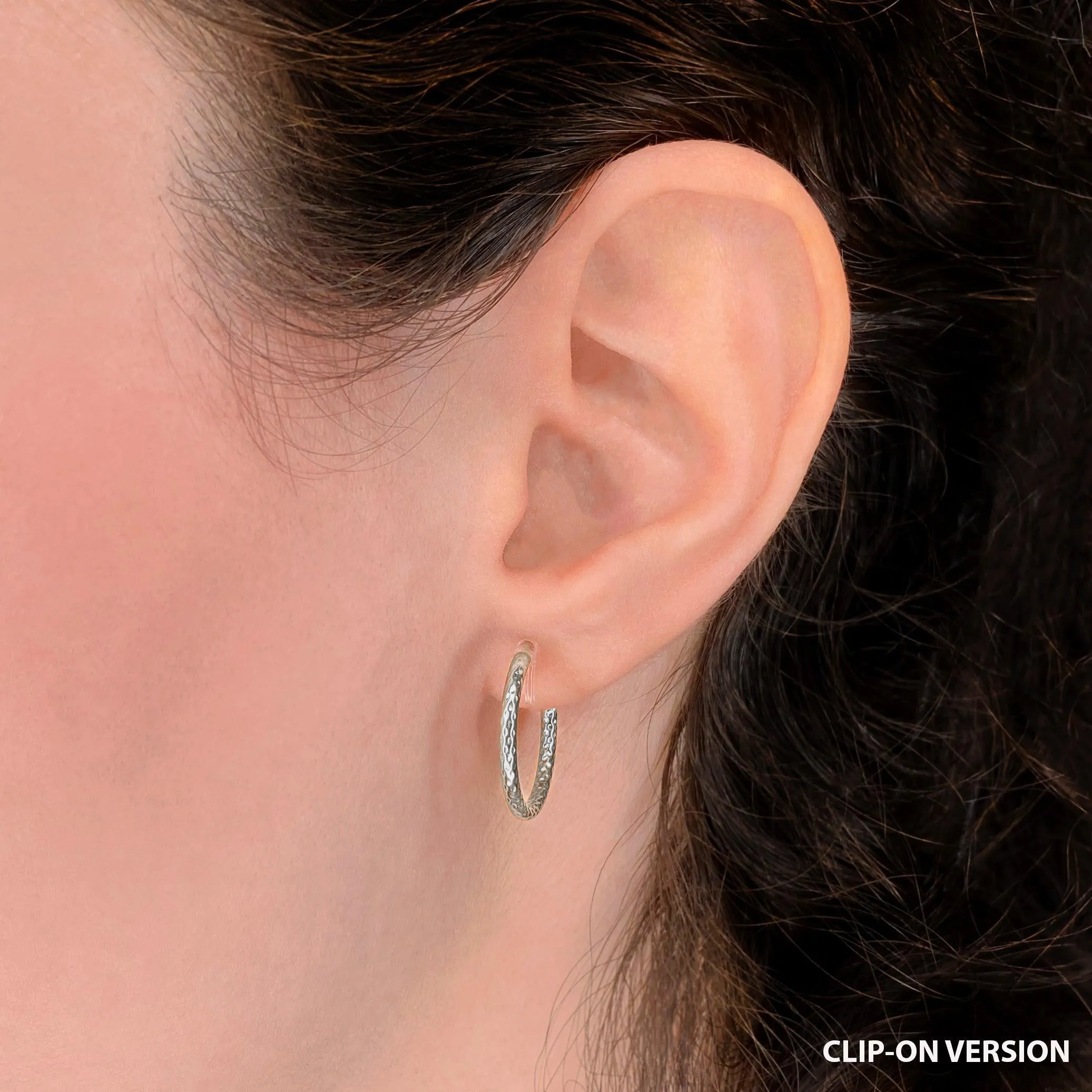 SMALL TEXTURED HOOP CLIP-ON EARRINGS IN SILVER