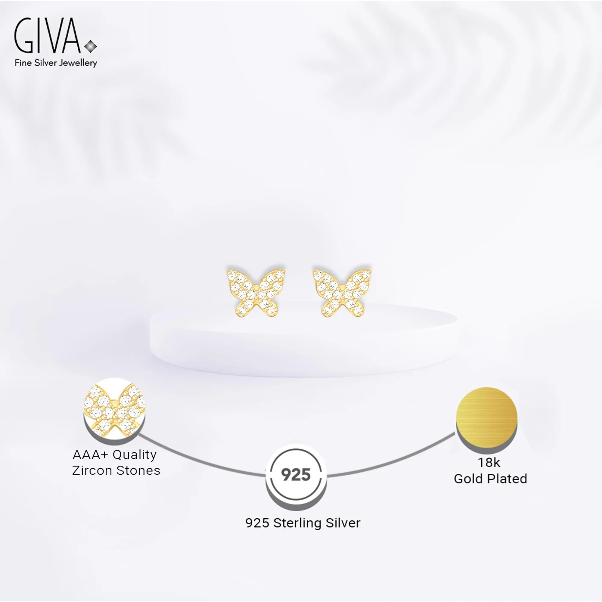 Sterling Silver Hypoallergenic 18k Gold Plated Stud Earrings (Butterfly Affair)