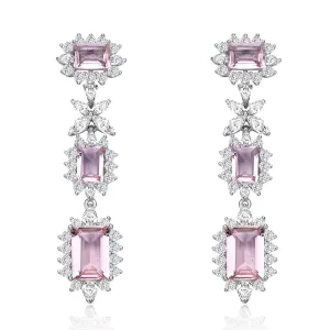 Sterling Silver with Rhodium Plated Morganite Emerald with Clear Cubic Zirconia Halo Three-Tier Earrings