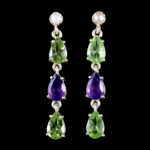 Suffragette Earrings 9Ct Gold Pearl Peridot Amethyst
