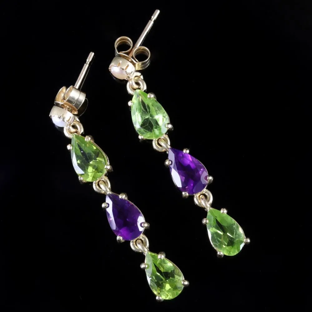 Suffragette Earrings 9Ct Gold Pearl Peridot Amethyst