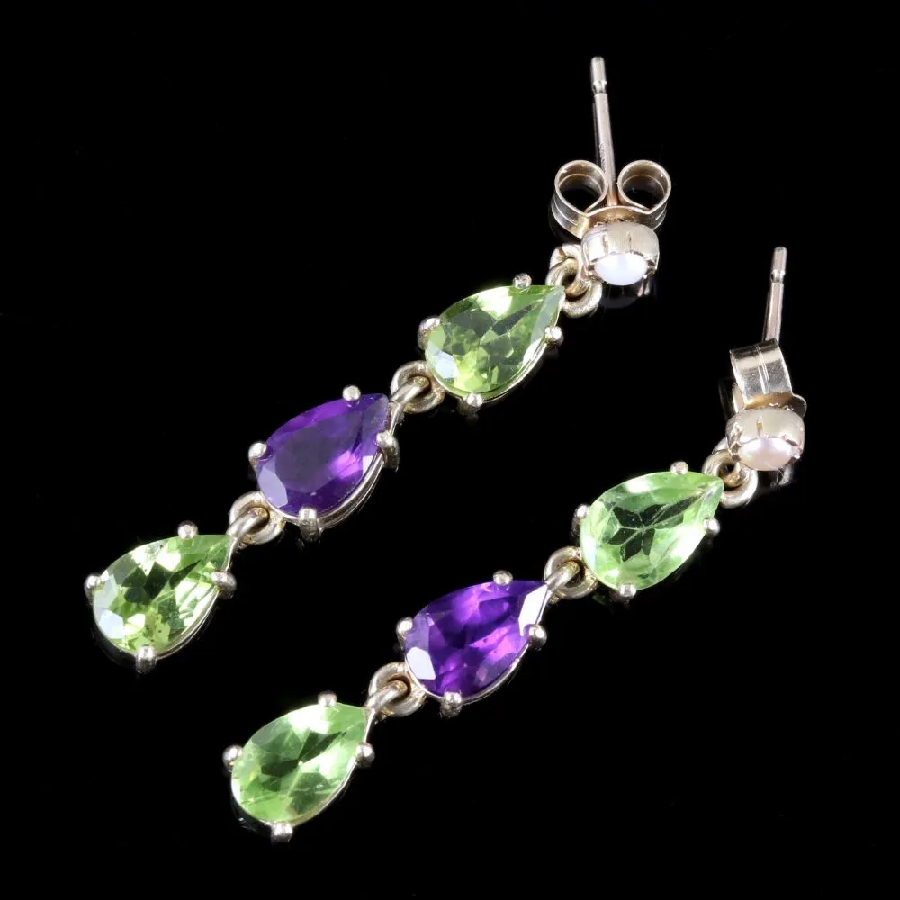 Suffragette Earrings 9Ct Gold Pearl Peridot Amethyst