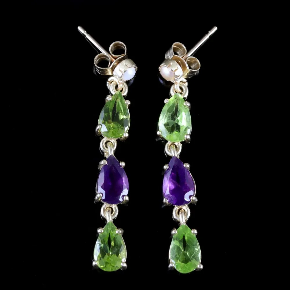 Suffragette Earrings 9Ct Gold Pearl Peridot Amethyst