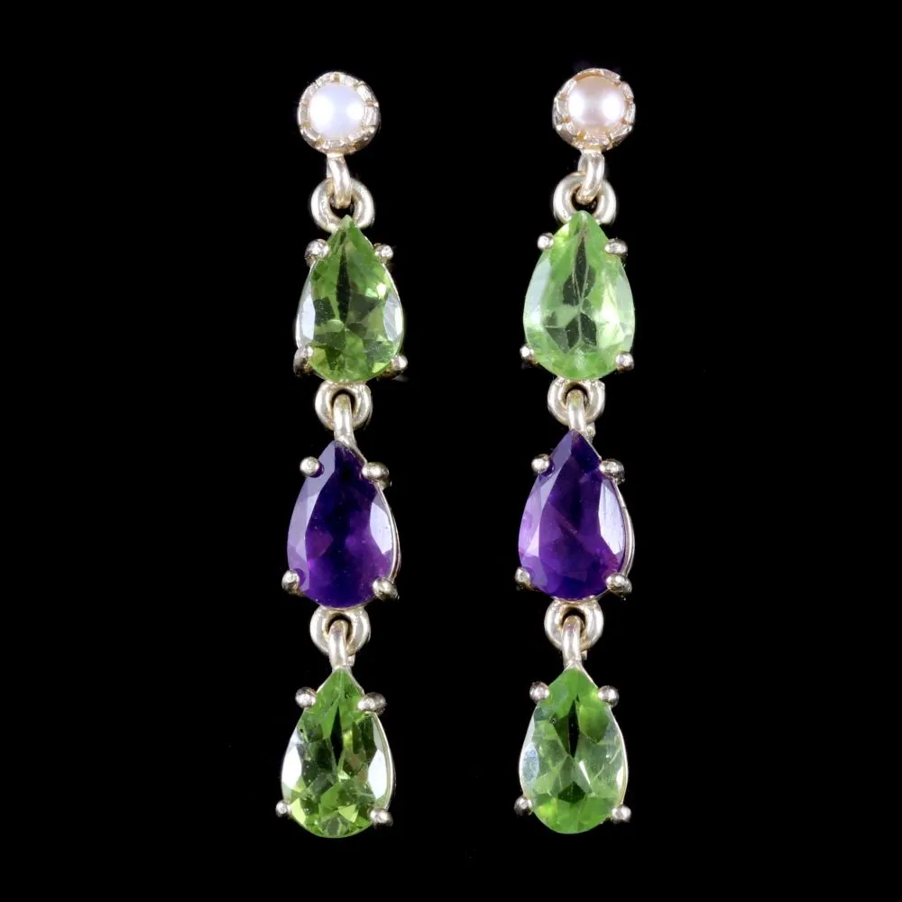 Suffragette Earrings 9Ct Gold Pearl Peridot Amethyst