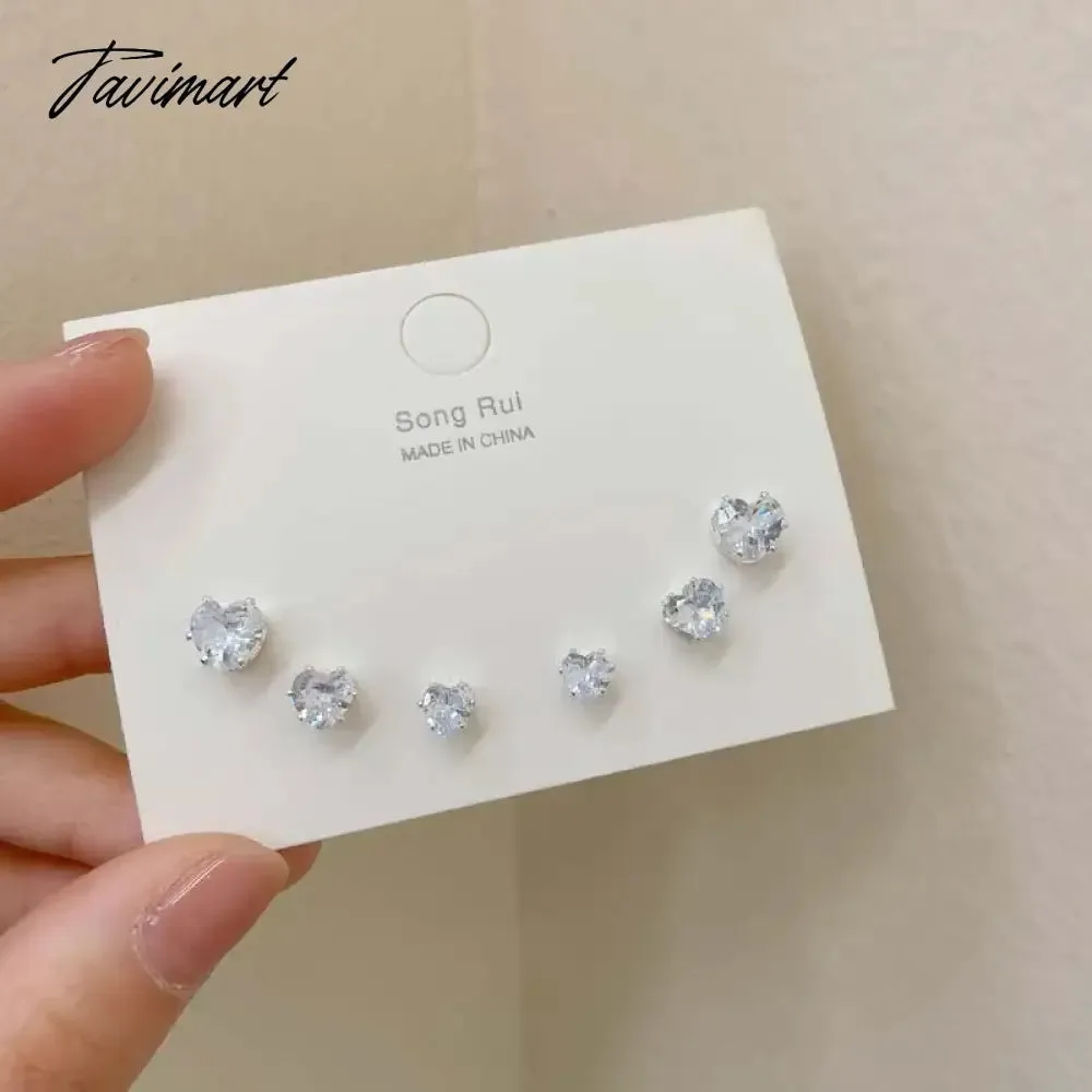 Tavimart 6Pcs/Set Fashion Shiny Zircon Heart Stud Earrings for Women Korean Sliver Color Star Heart Personality Earring Wedding Jewelry