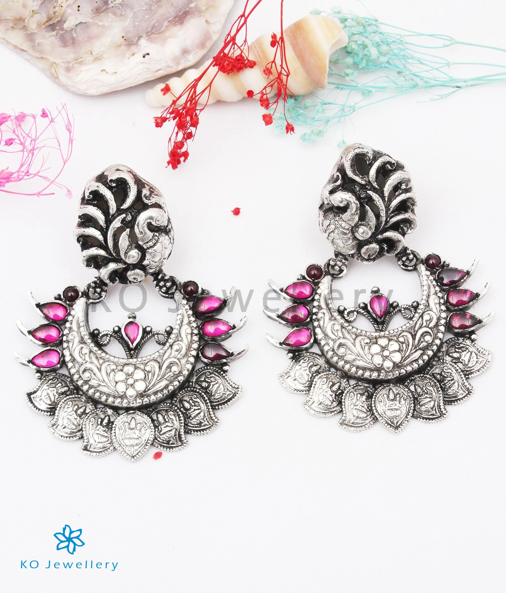 The Aradhita Silver Peacock Chand Bali Earrings(Oxidised)