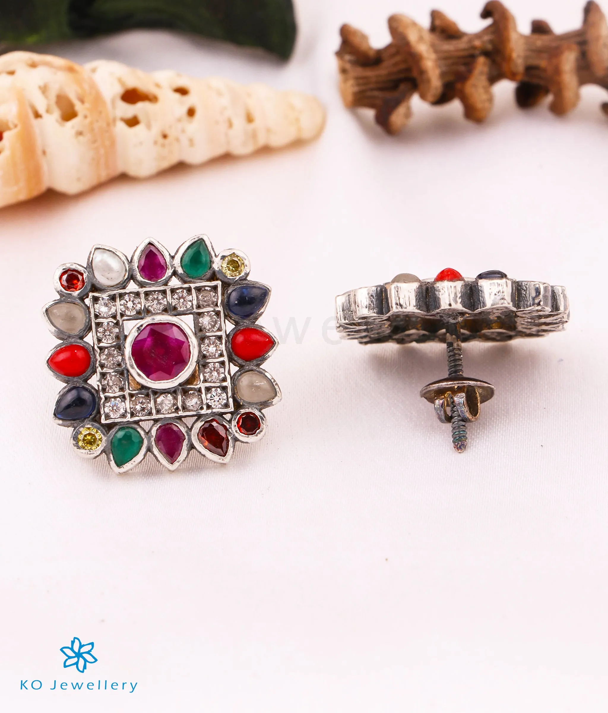 The Vishruth Silver Ear-studs (Navratna/Oxidised)