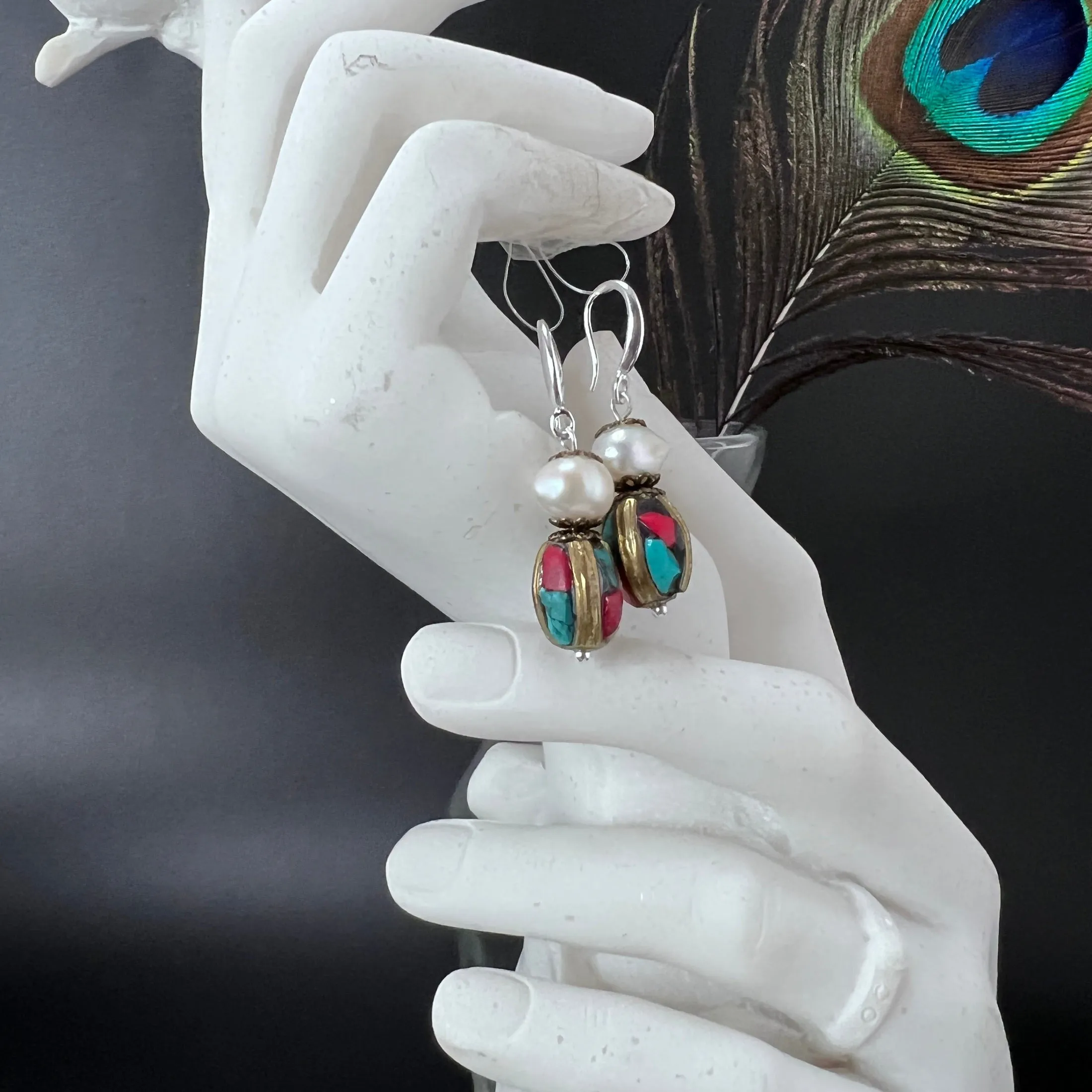 Tibetan and Pearl Earrings