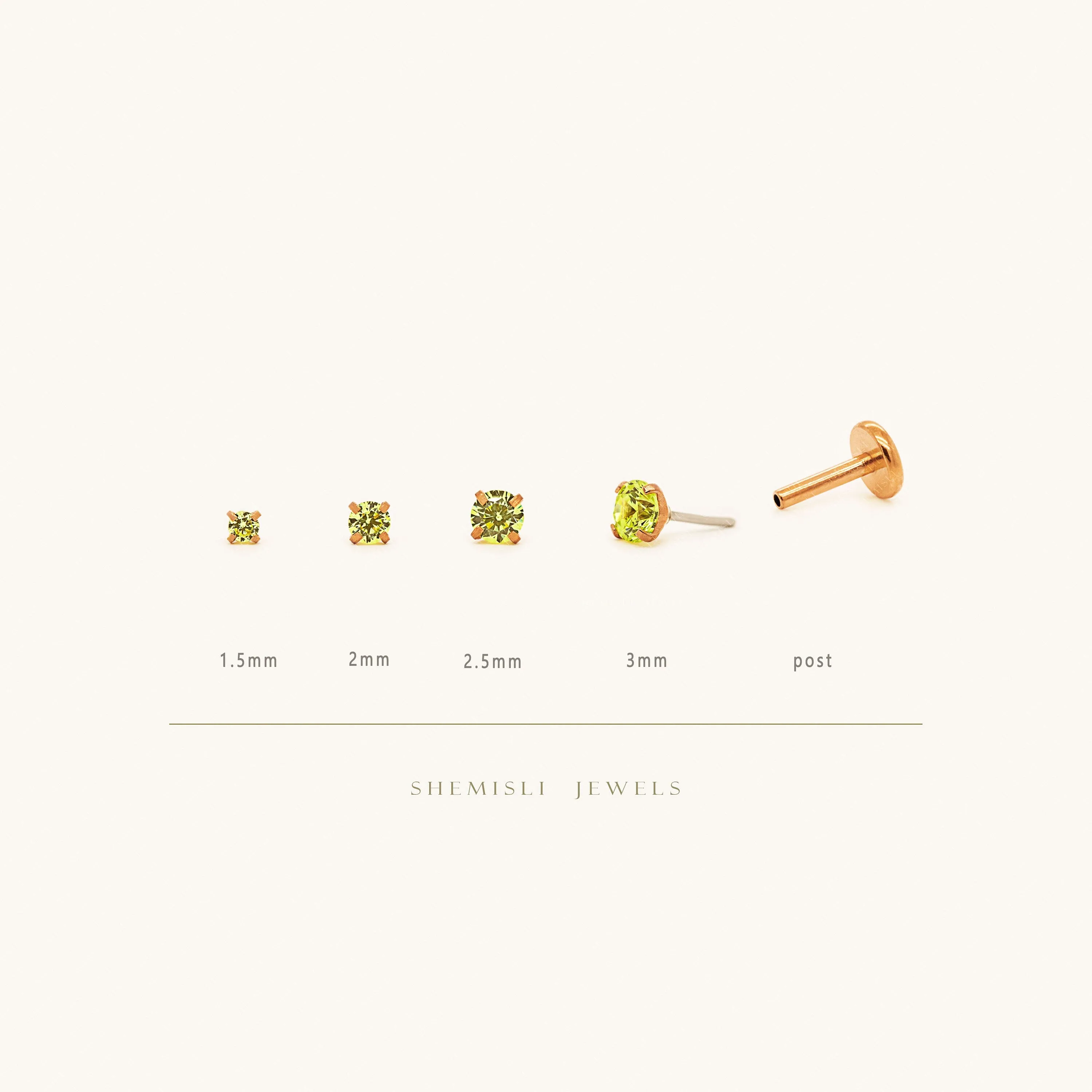 Tiny Peridot Stone Rose Threadless Flat Back Earrings, Nose Stud, August Birthstone, 20,18,16ga, 5-10mm SS617 SS618 SS619 SS620