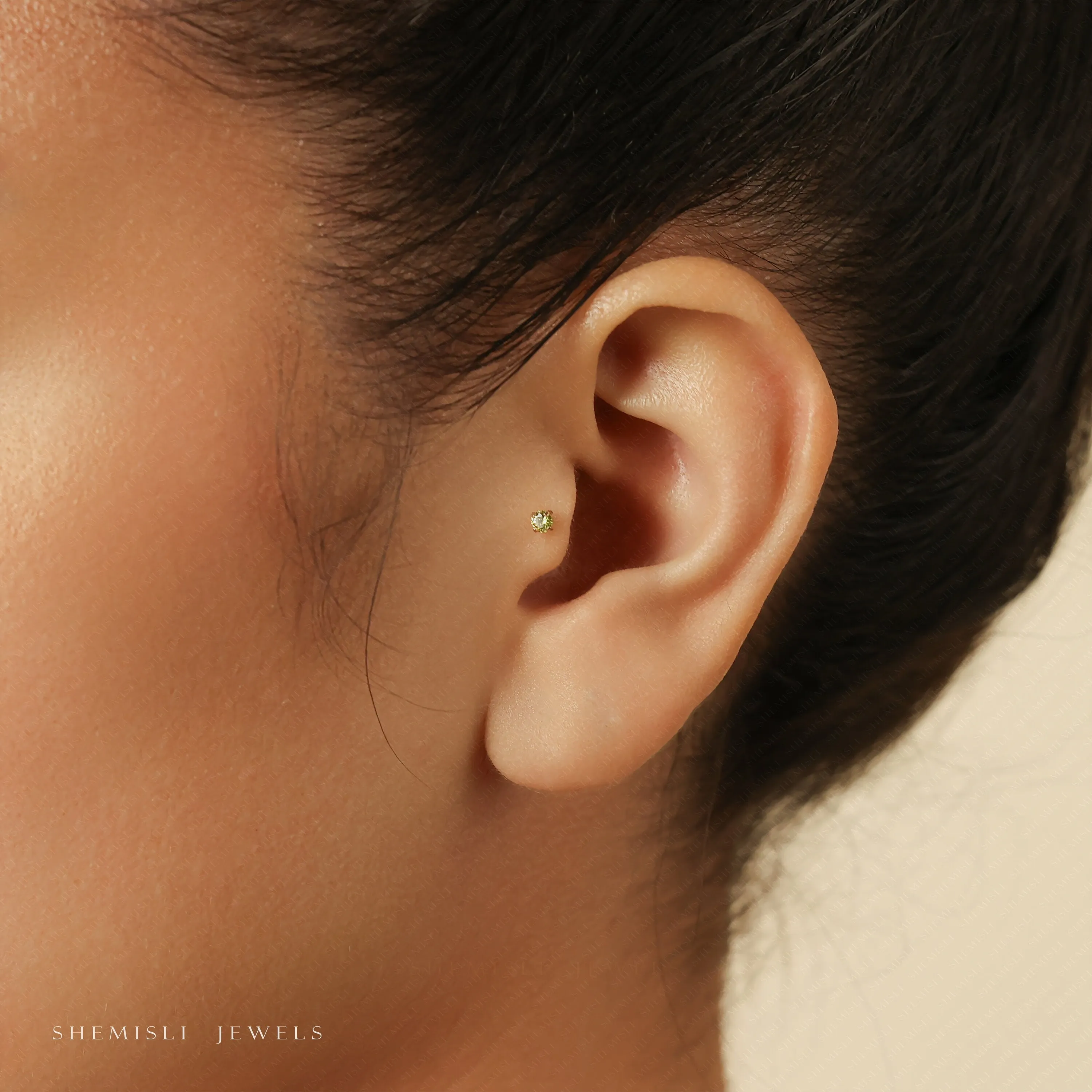 Tiny Peridot Stone Threadless Flat Back Tragus Stud, August Birthstone, 20,18,16ga, 5-10mm Unisex, Surgical Steel SS619