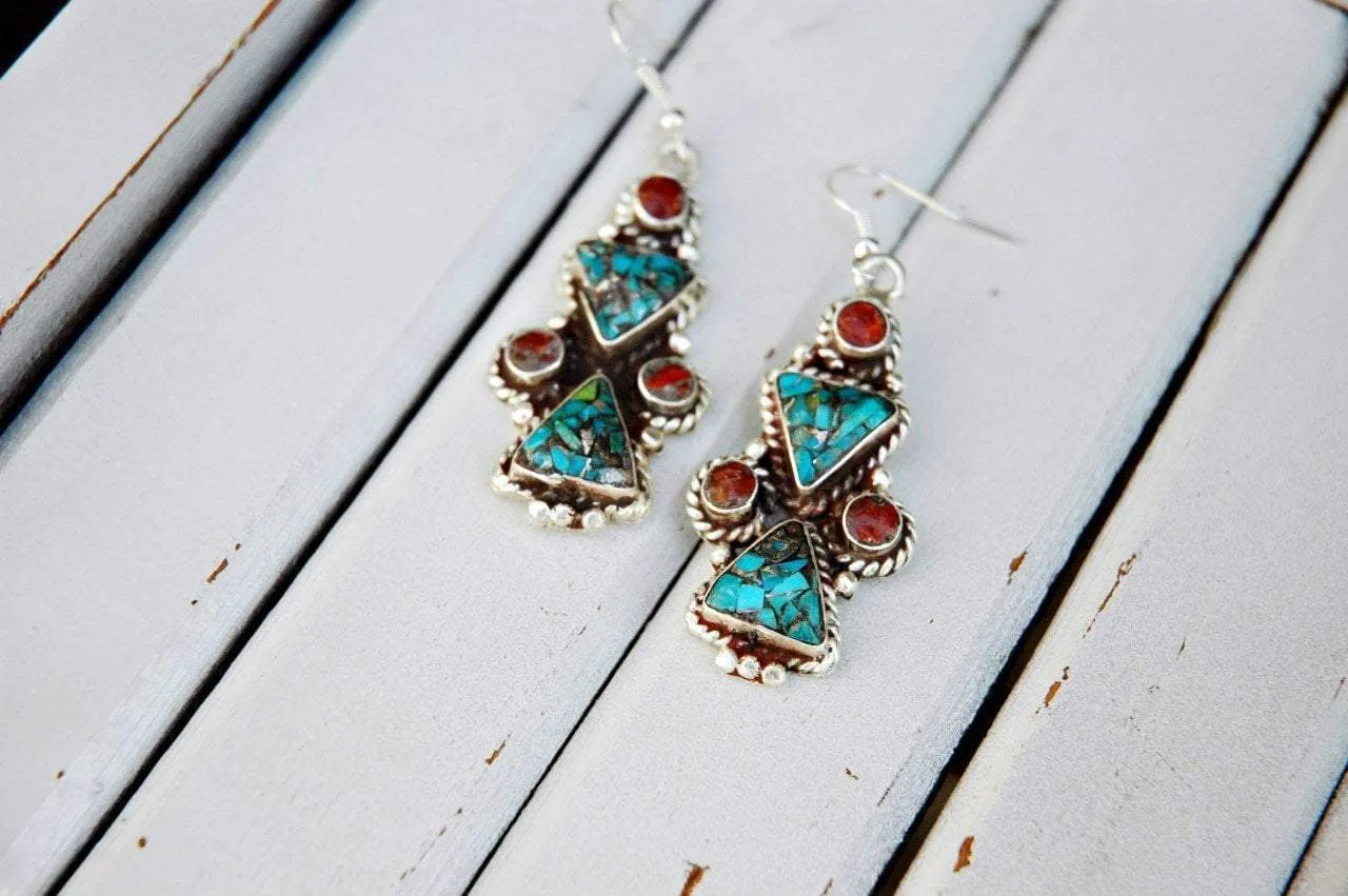 Turquoise and Coral Earrings From Kathmandu