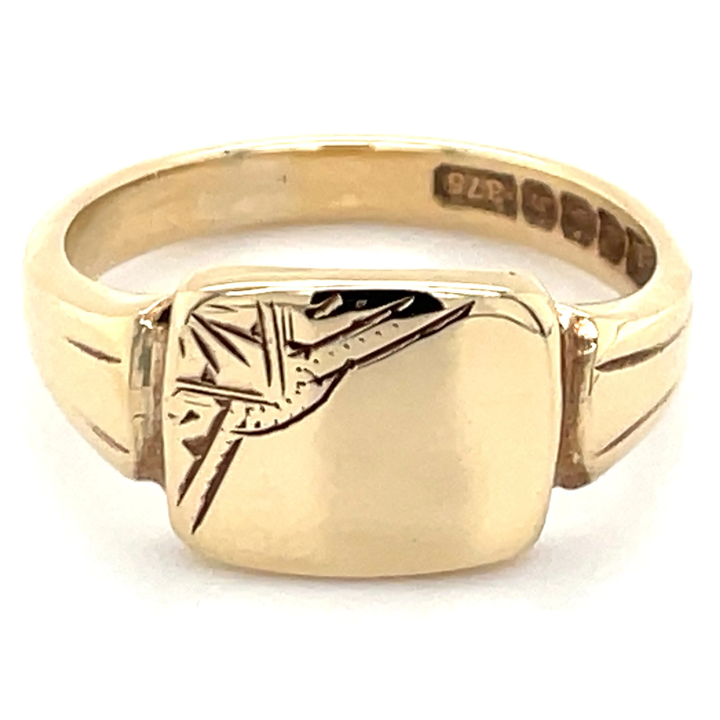 Vintage 9ct Yellow Gold Half Engraved Square Signet Ring