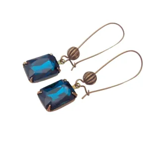 Vintage Blue Zircon Faceted Crystal in Antiqued Brass Prong Setting Earrings