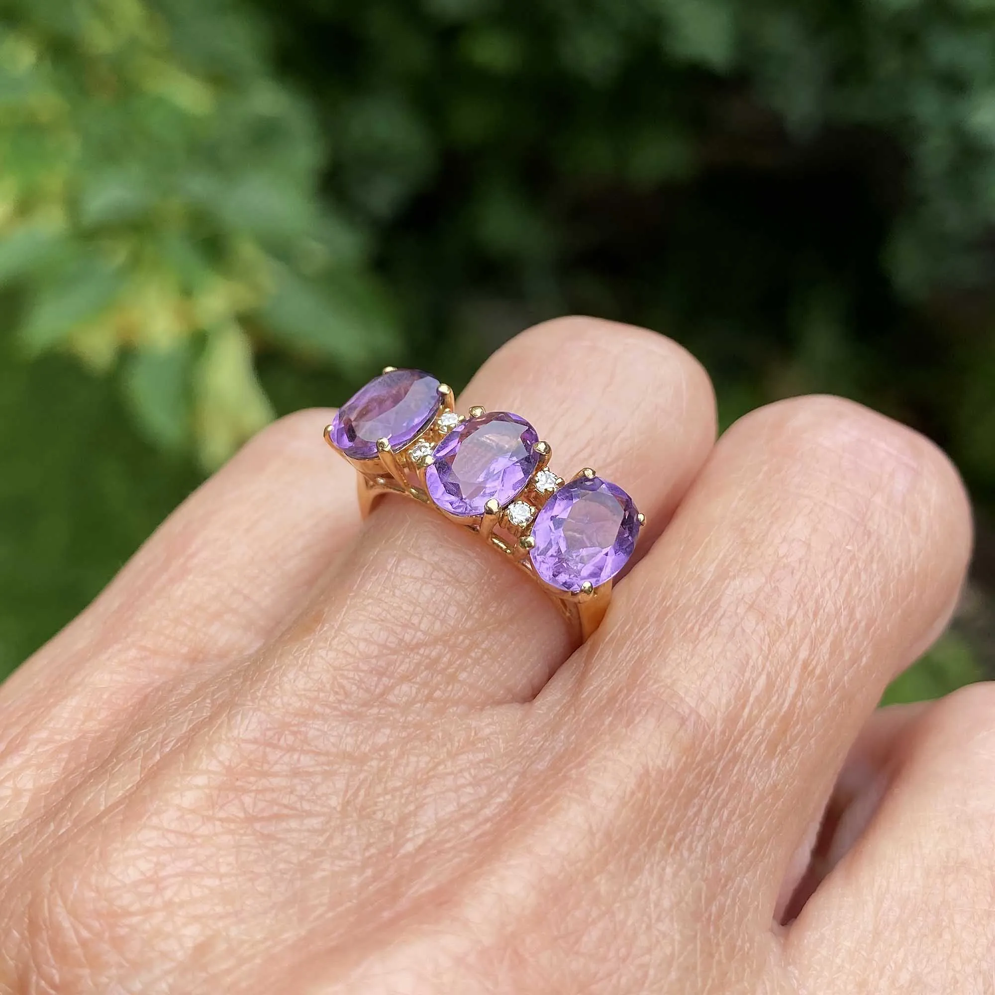 Vintage Diamond 14K Gold Three Stone Amethyst Ring