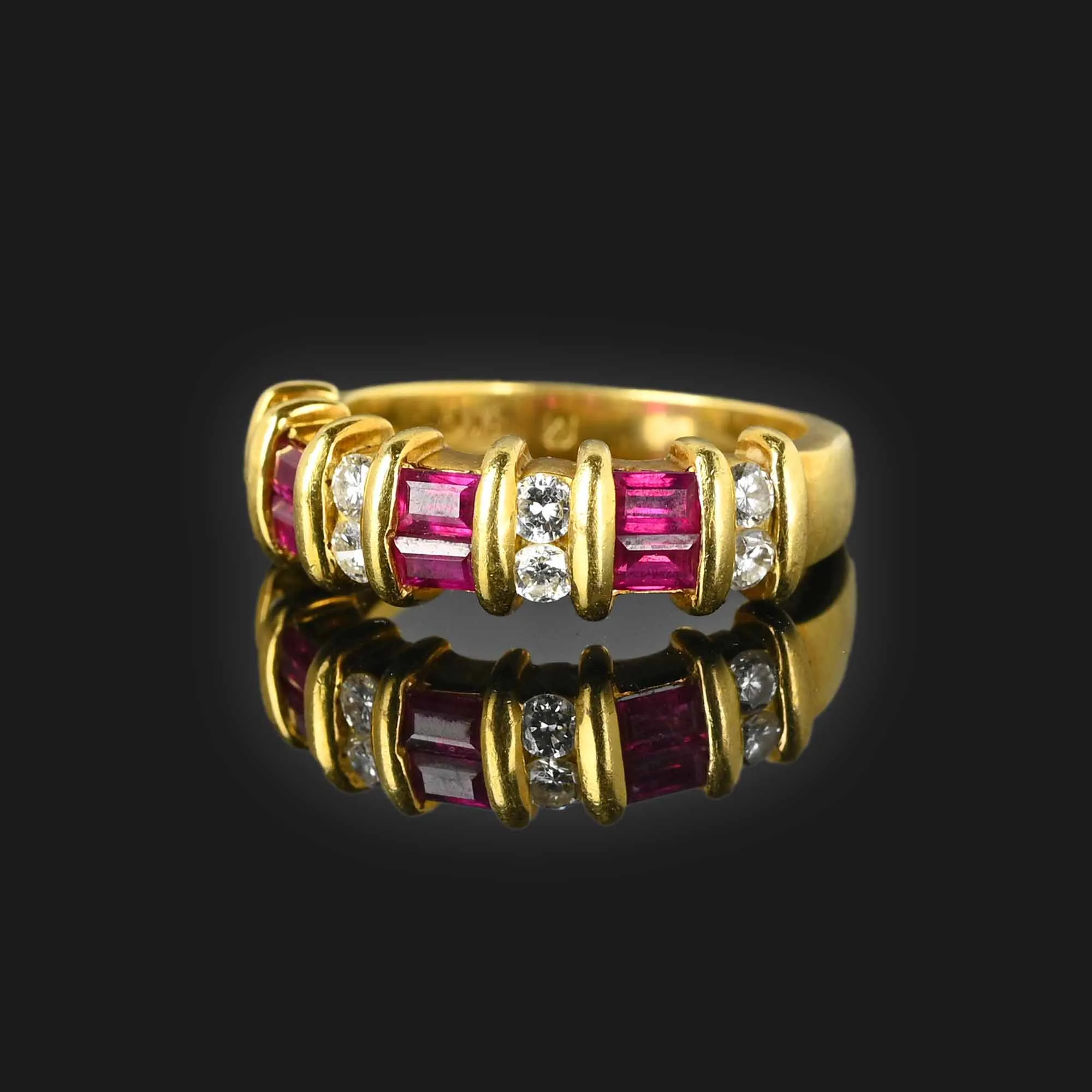Vintage Diamond Baguette Ruby 18K Gold Ring