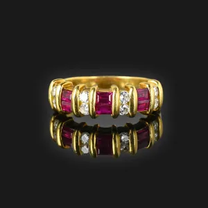 Vintage Diamond Baguette Ruby 18K Gold Ring
