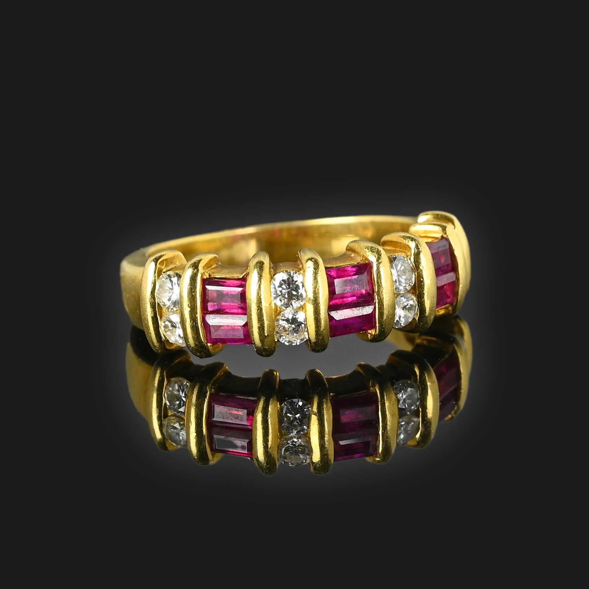 Vintage Diamond Baguette Ruby 18K Gold Ring