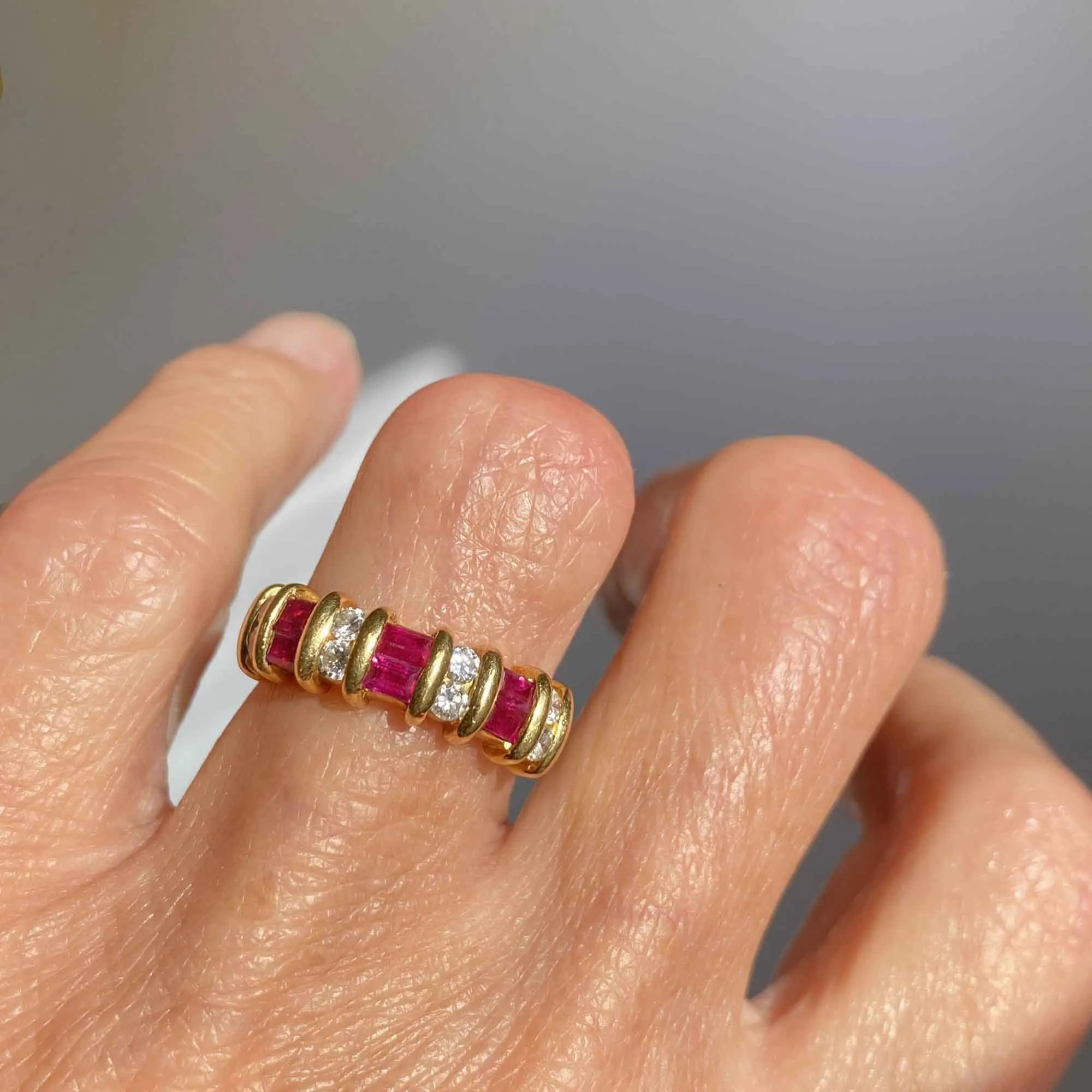 Vintage Diamond Baguette Ruby 18K Gold Ring