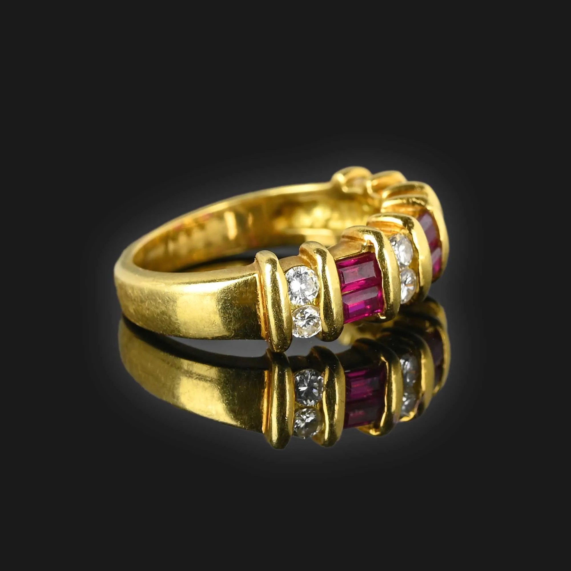 Vintage Diamond Baguette Ruby 18K Gold Ring