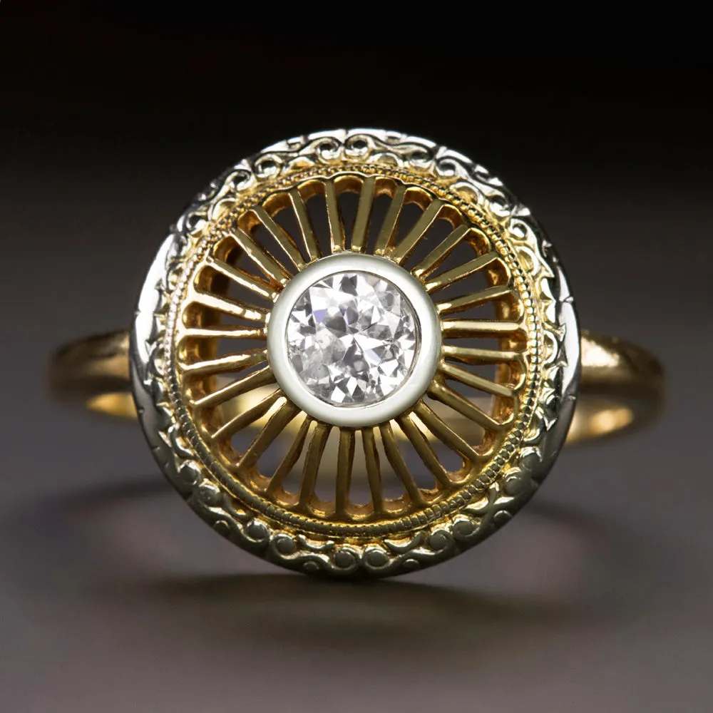 VINTAGE DIAMOND COCKTAIL RING 1/4ct OLD EUROPEAN CUT 14k YELLOW GOLD WHEEL SPOKE