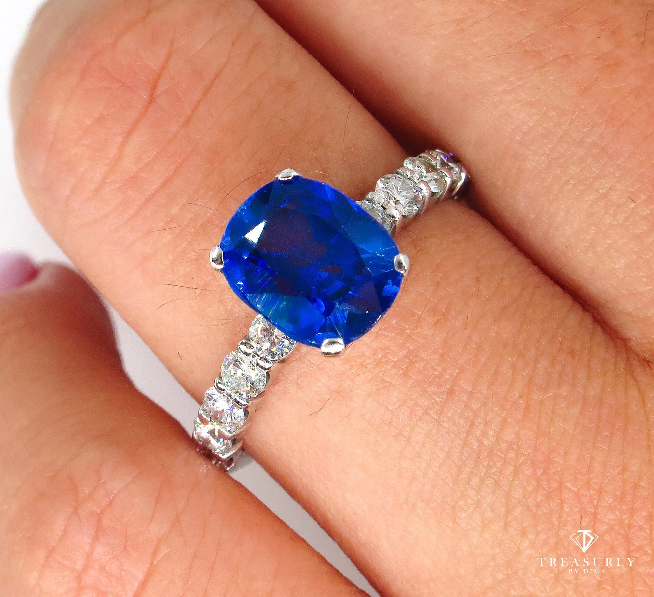 Vintage Estate GIA 2.82ct Synthetic SAPPHIRE Diamonds Engagement Wedding 18k Ring