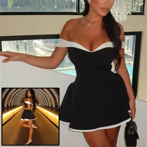 Women's Black And White Patchwork Summer off shoulder Dress Y2K Trend Slash Neck Backless Sweet Girl Chic Ruched Mini Bodycon Streetwear