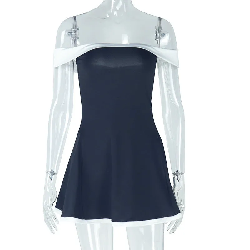 Women's Black And White Patchwork Summer off shoulder Dress Y2K Trend Slash Neck Backless Sweet Girl Chic Ruched Mini Bodycon Streetwear